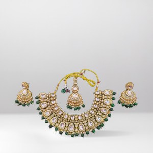 Pearl Choker Necklace Set with Green Beads & Matching Earrings & Maang Tikka