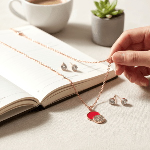 Rose Gold-Plated Necklace with a Red Enamel & Cubic Zirconia Pendant