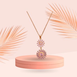 Golden Double Flowered Necklace with Studded Crystals Necklace with Earrings